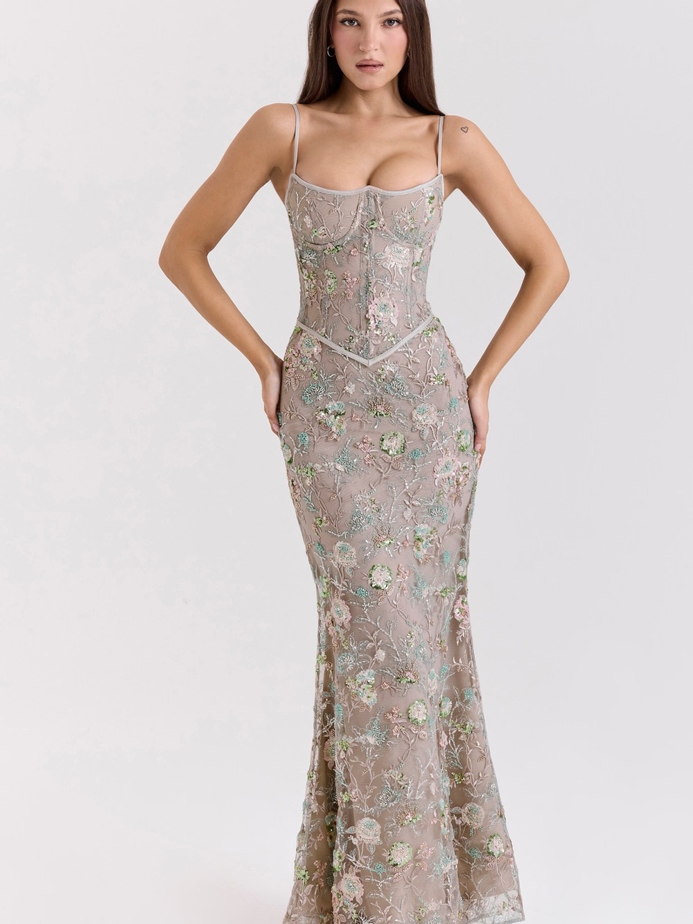 House of CB Naima Silver Embellished Beaded Corset Maxi Dress BNWT M (D-E cup)